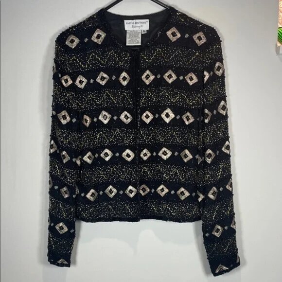 Papell Boutique Jackets & Blazers - Papell Boutique Black and Gold Geometric Beaded 100% Silk Jacket